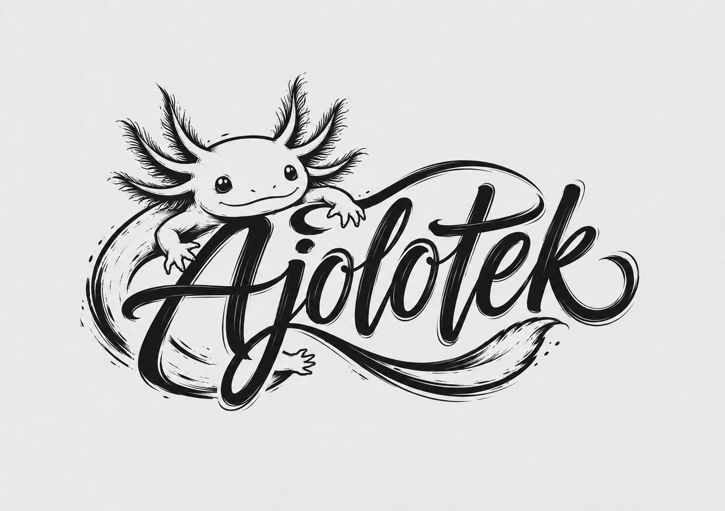 Ajolotek: un ajolote ilustrado en tinta abraza el lettering de la marca